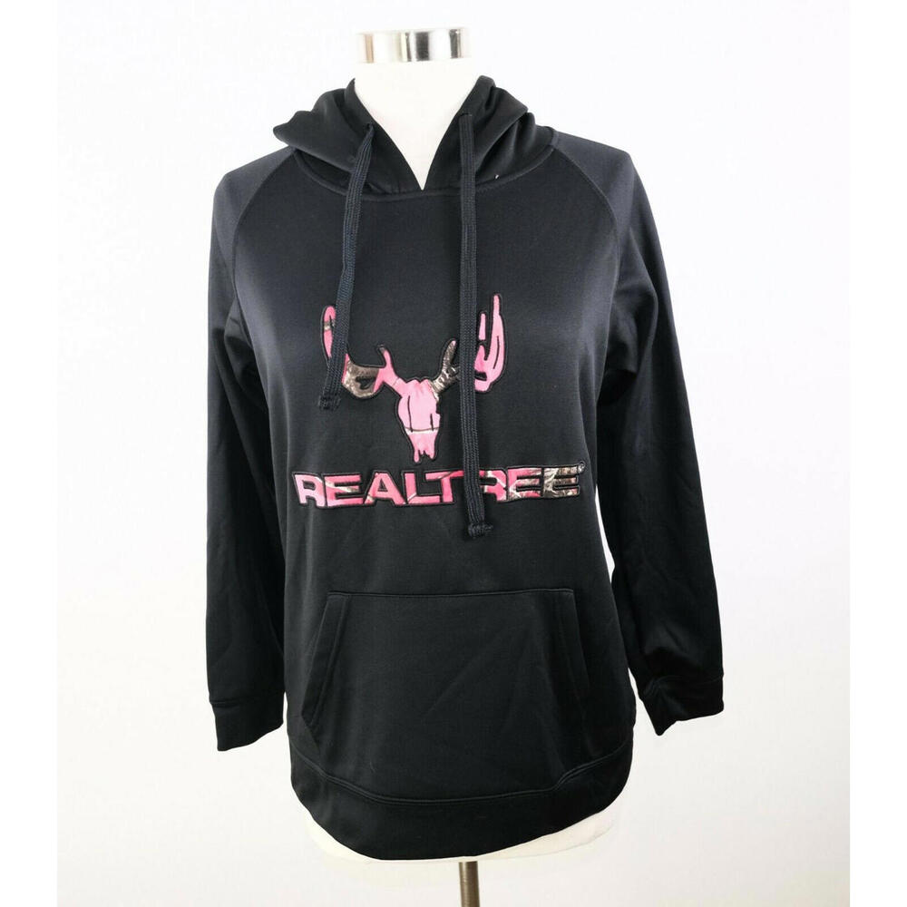 Realtree Womens Black Hoodie Sweatshirt Pink Camo Logo Medium